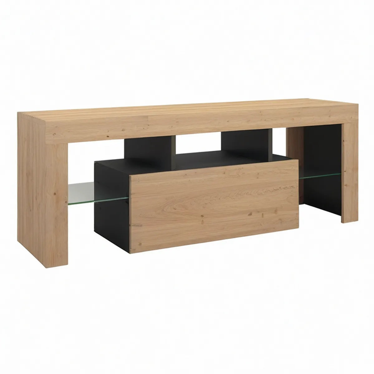 Móvel para TV em MDF Carvalho Natural e Preto com Prateleiras de Vidro 160 x 40 x 60 cm