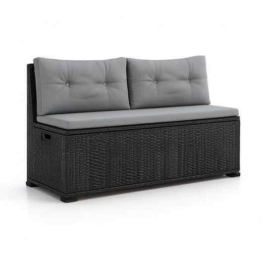 Banco de Jardim com Arrumação 109 x 55 x 90 cm em Rattan PE Preto com Almofadas Cinzentas