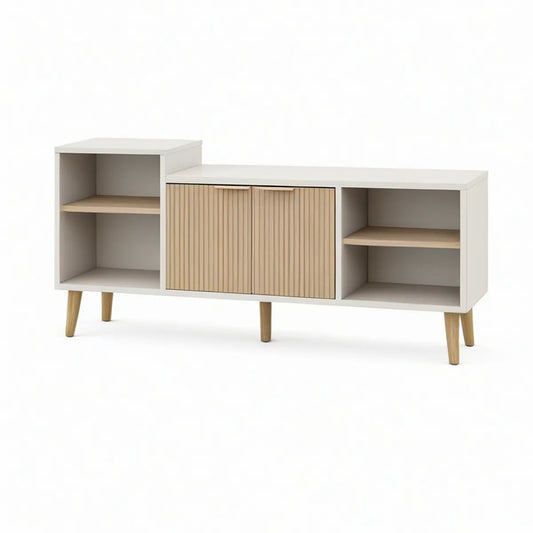 Móvel de TV Retangular com 2 Portas e Prateleiras em MDF Branco e Carvalho Claro, 160 x 40 x 65 cm