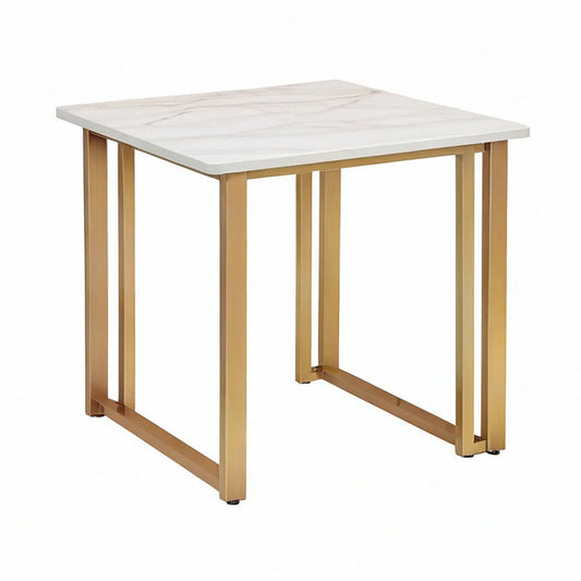 Mesa de Jantar Quadrada 80 x 80 x 75 cm em Pedra Sinterizada Branca e Aço Inoxidável Dourado