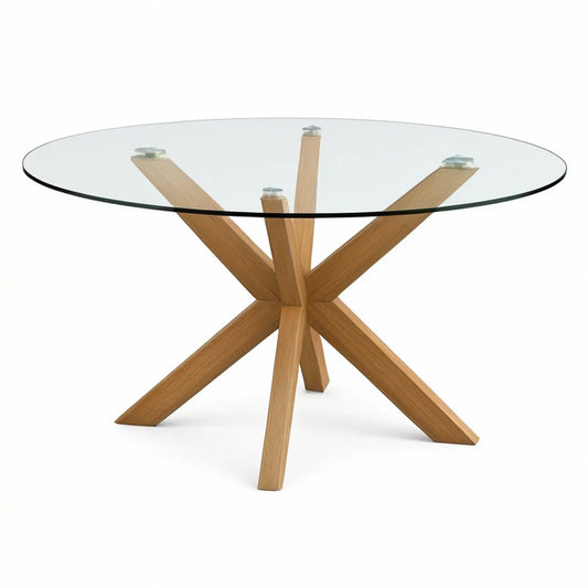 Mesa de Jantar Redonda 120 x 75 cm em Vidro Temperado Transparente e Carvalho Natural