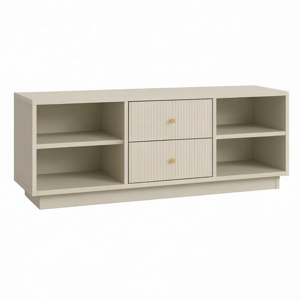 Móvel de TV em MDF Bege com Puxadores Amarelos, 2 Gavetas e 4 Nichos, 140 x 40 x 60 cm