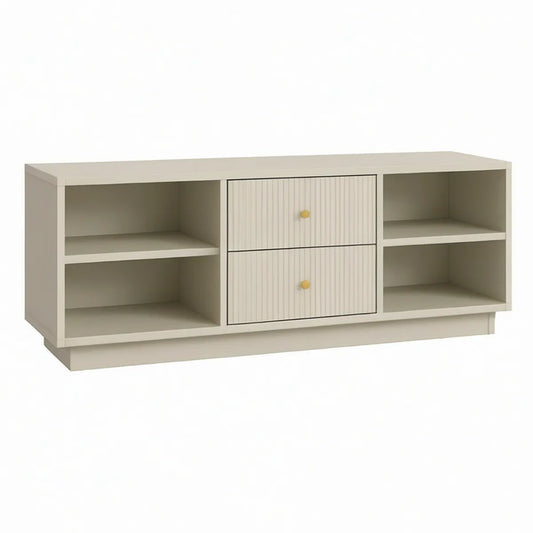 Móvel de TV em MDF Bege com Puxadores Amarelos, 2 Gavetas e 4 Nichos, 140 x 40 x 60 cm