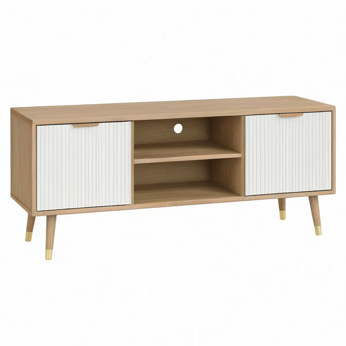 Móvel para TV em Carvalho Natural, Branco e Dourado com 2 Portas de Correr, 120 x 40 x 60 cm