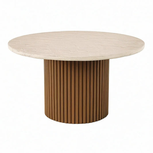 Mesa de Jantar Redonda Ø120 x 75 cm com Tampo em Travertino e Base Canelada Castanho-Nogueira