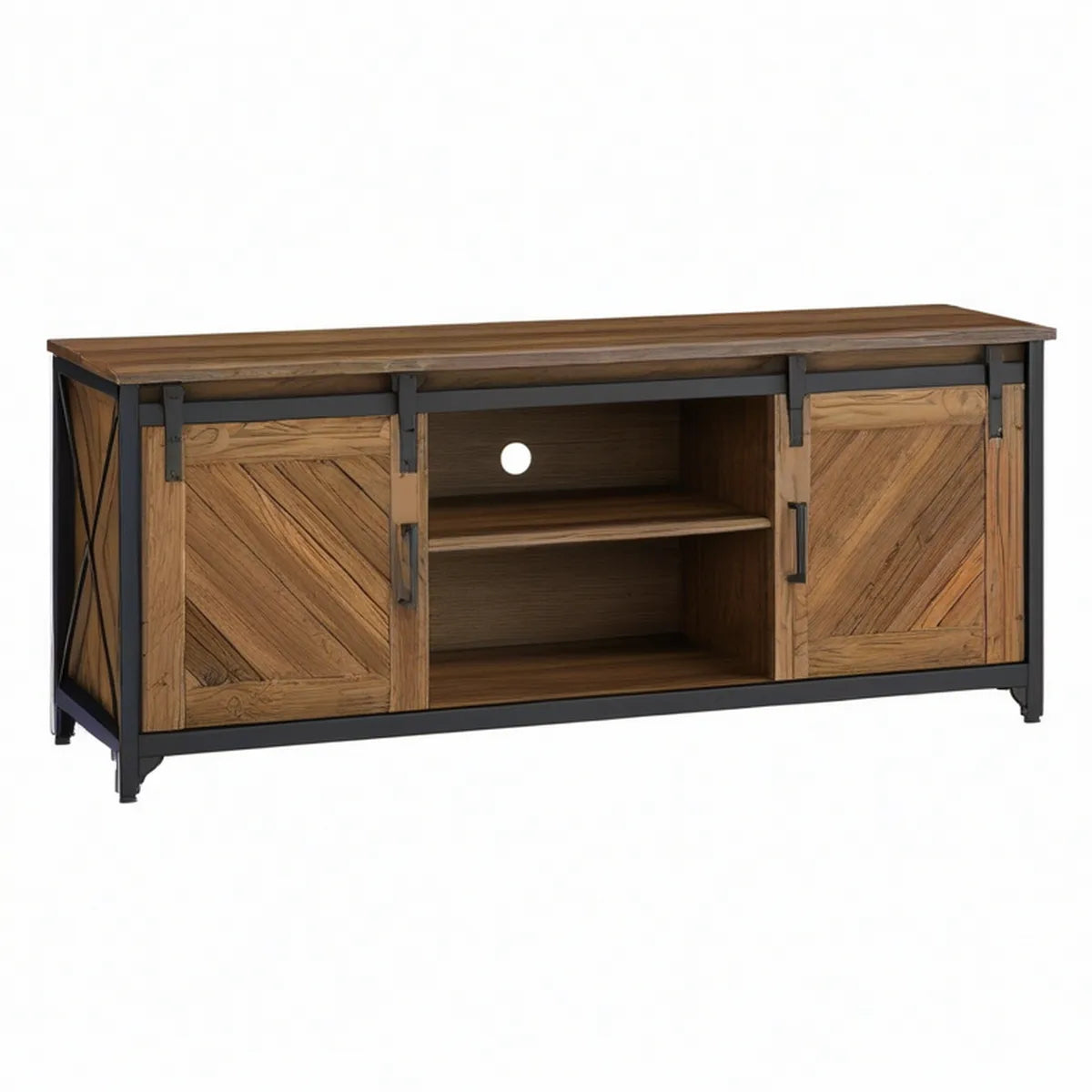 Móvel de TV Industrial Retangular 140 x 40 x 60 cm em Madeira Maciça de Acácia Castanho e Aço Preto