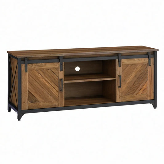 Móvel de TV Industrial Retangular 140 x 40 x 60 cm em Madeira Maciça de Acácia Castanho e Aço Preto