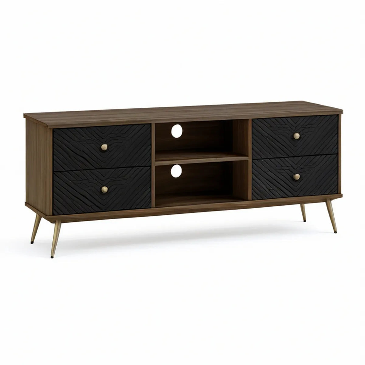 Móvel de TV Rectangular com 4 Gavetas e 2 Compartimentos Abertos, Castanho Nogueira, Preto e Dourado, 140 x 40 x 55 cm