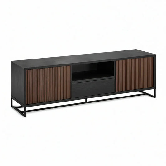 Móvel para TV Retangular em MDF Preto e Nogueira com Portas Caneladas, 180 x 40 x 55 cm