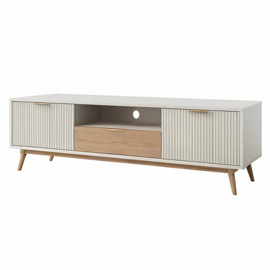 Móvel de TV em MDF Branco e Carvalho com Portas Caneladas e Gaveta, 180 x 40 x 60 cm